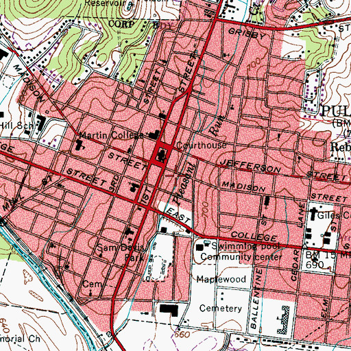 Topographic Map of Pulaski Fire Services Station 1, TN