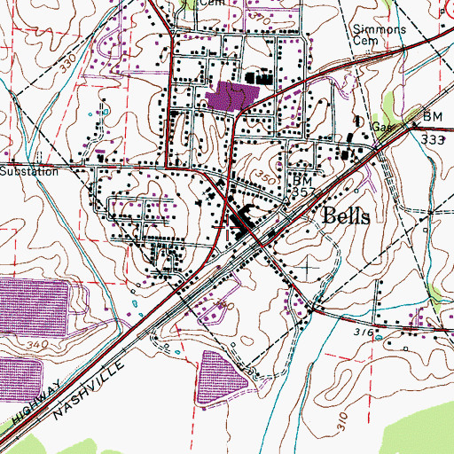 Topographic Map of Bells Fire Department, TN