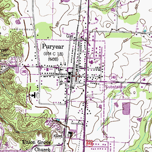 Topographic Map of Puryear Volunteer Fire Department, TN