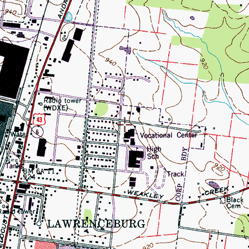 Topographic Map of Lawrenceburg Fire Department Station 2, TN