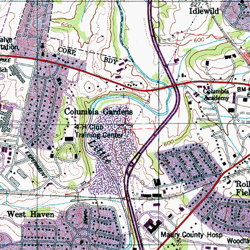 Topographic Map of Maury County Rural Fire Department, TN