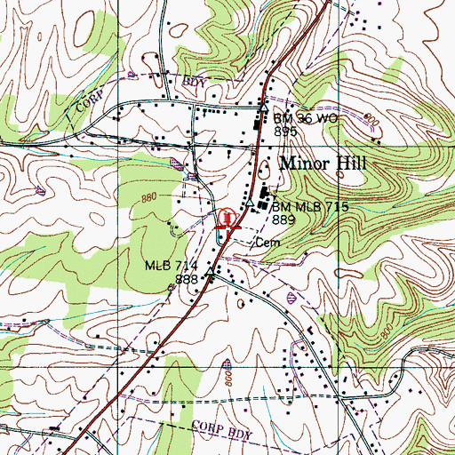 Topographic Map of Minor Hill Volunteer Fire Department, TN