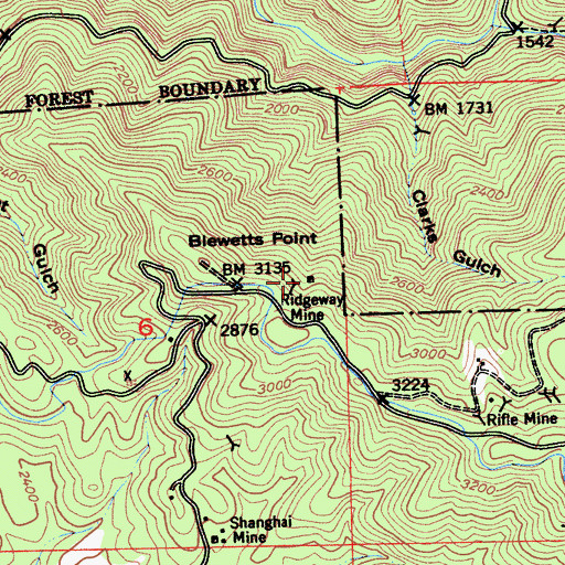 Topographic Map of Ridgeway Mine, CA