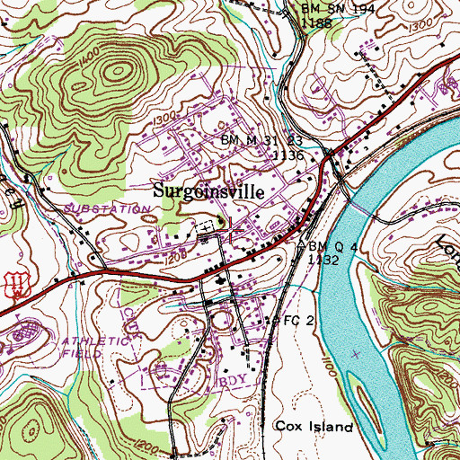 Topographic Map of Surgoinsville Municipal Volunteer Fire Department, TN