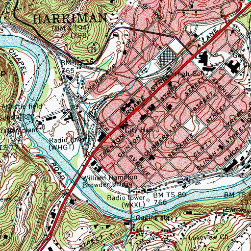 Topographic Map of Harriman City Fire Department Station 1, TN