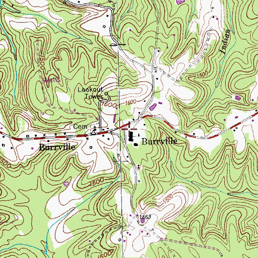 Topographic Map of Burrville Volunteer Fire Department, TN