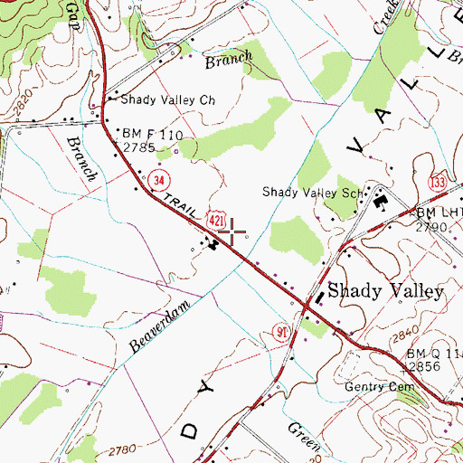 Topographic Map of Shady Valley Volunteer Fire Department, TN