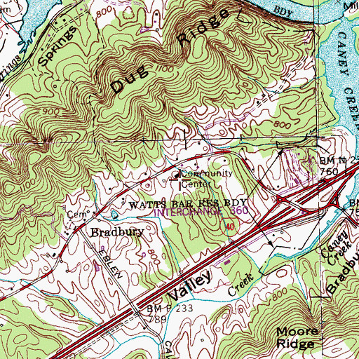 Topographic Map of East Roane County Volunteer Fire Department Station 1 Bradbury, TN