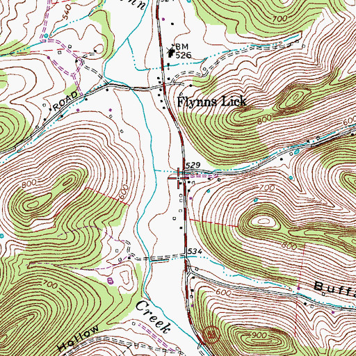 Topographic Map of Flynns Lick Volunteer Fire Department, TN