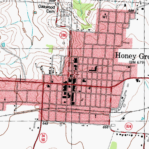 Topographic Map of Honey Grove Volunteer Fire Department, TX