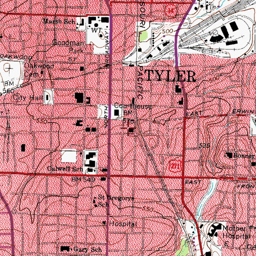 Topographic Map of Tyler Fire Department Station 1, TX