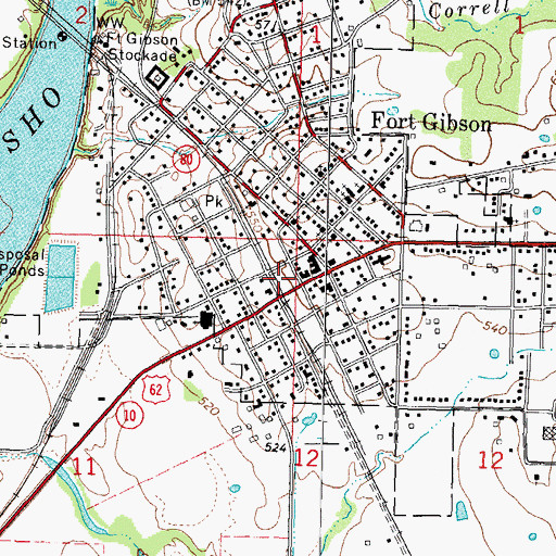 Topographic Map of Fort Gibson Fire Department, OK