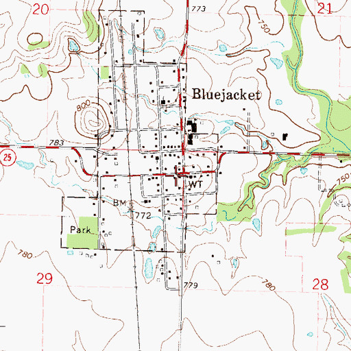 Topographic Map of Bluejacket Volunteer Fire Department, OK
