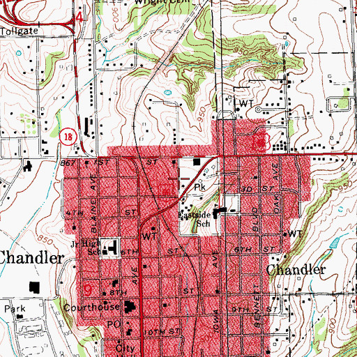 Topographic Map of Chandler Fire Department Station 1, OK