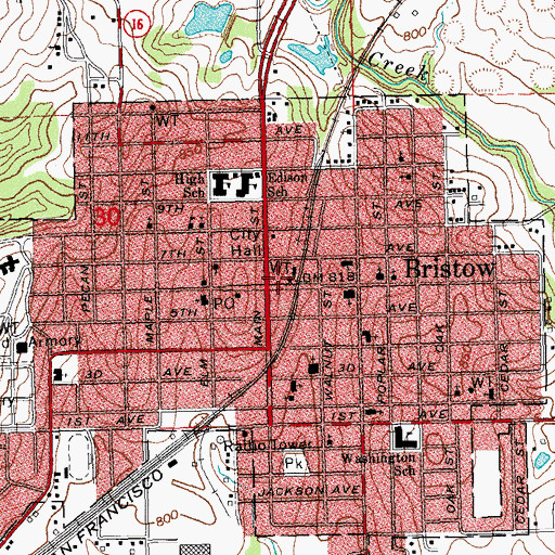 Topographic Map of Bristow Fire Department, OK