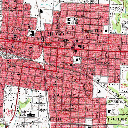 Topographic Map of Hugo Fire Department Station 1 Headquarters, OK