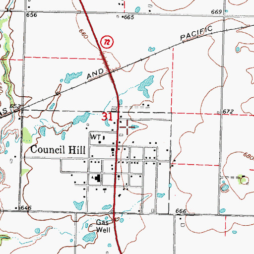Topographic Map of Council Hill Volunteer Fire Department, OK
