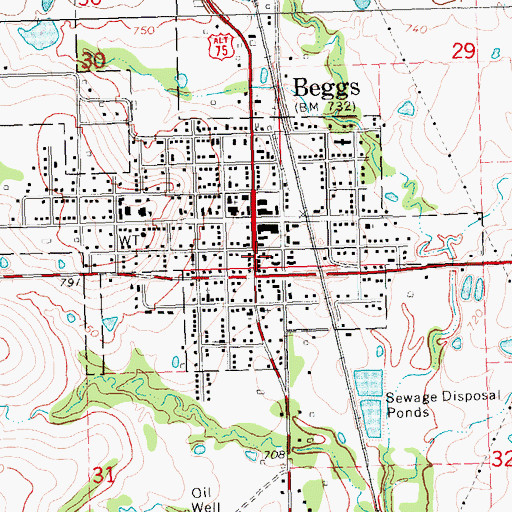 Topographic Map of Beggs Volunteer Fire Department, OK
