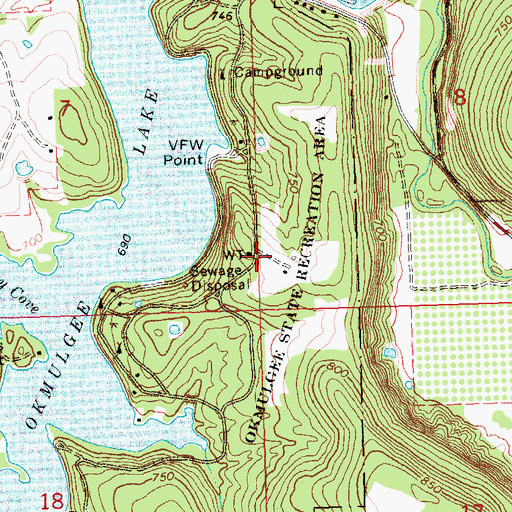 Topographic Map of Okmulgee State Park, OK
