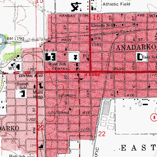 Topographic Map of Anadarko Fire Department, OK