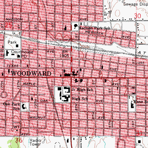 Topographic Map of Woodward Fire Department Station 1, OK