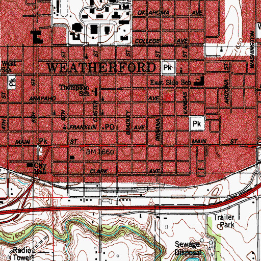 Topographic Map of Weatherford Ambulance Service, OK
