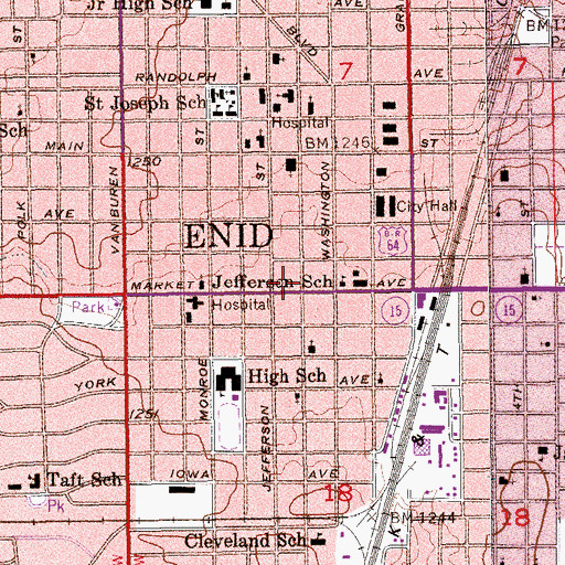Topographic Map of Enid Fire Department Station 1, OK
