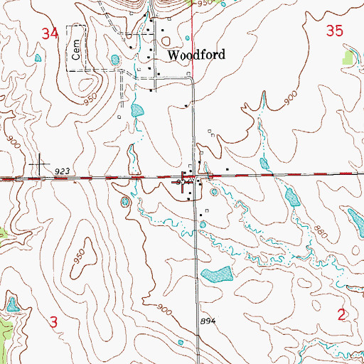 Topographic Map of Woodford Volunteer Fire Department, OK
