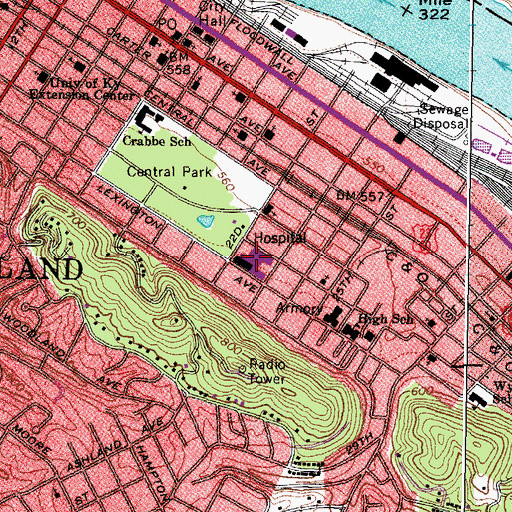 Topographic Map of King's Daughters Medical Center, KY