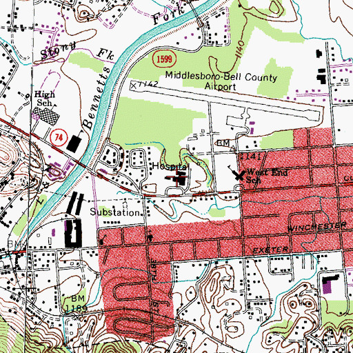 Topographic Map of Middlesboro Appalachian Regional Hospital, KY
