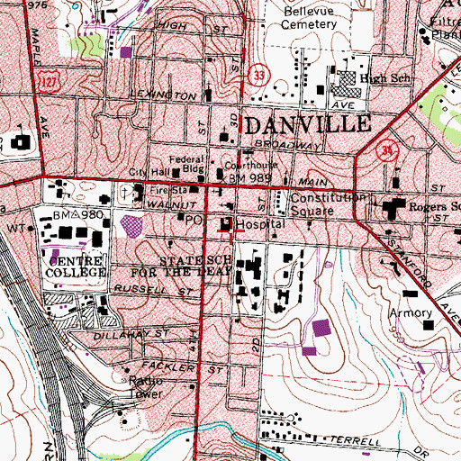 Topographic Map of Ephraim McDowell Regional Medical Center, KY