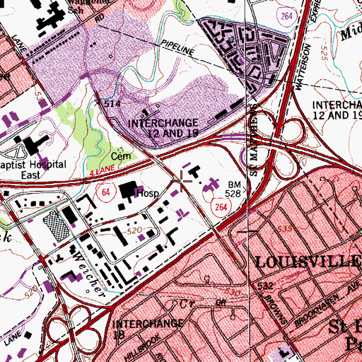 Topographic Map of Charter Louisville Behavioral Health System, KY