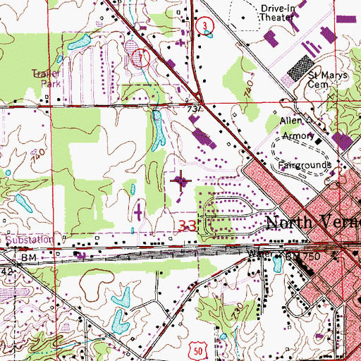 Topographic Map of St Vincent Jennings Hospital, IN