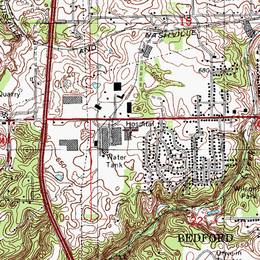 Topographic Map of Indiana University Health Bedford Hospital, IN