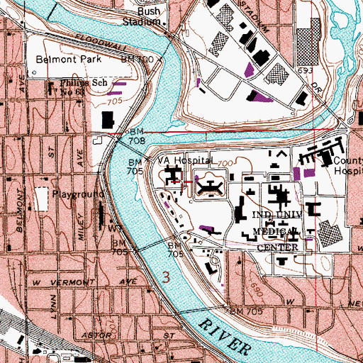 Topographic Map of Richard L Roudebush Veterans Affairs Medical Center, IN