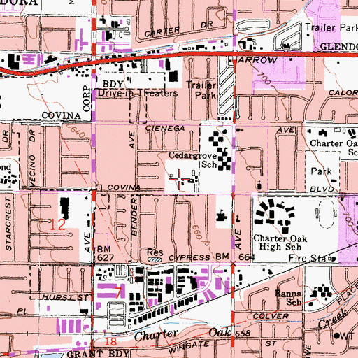 Topographic Map of Aurora Charter Oak Hospital, CA