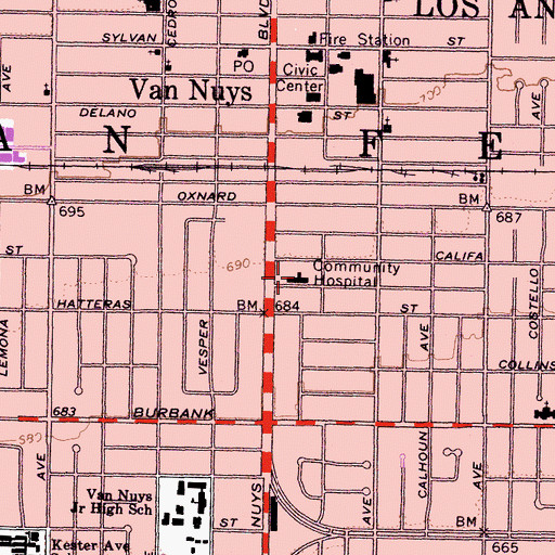 Topographic Map of Hollywood Community Hospital of Van Nuys, CA