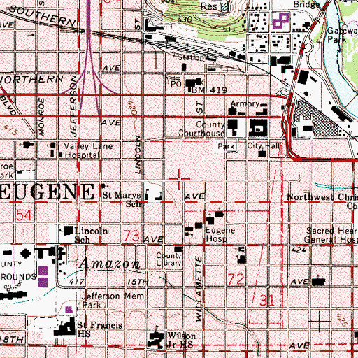 Topographic Map of Actors Cabaret of Eugene and Eugene Symphony, OR