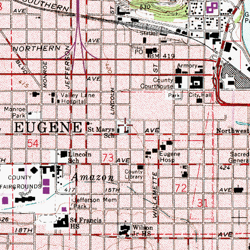 Topographic Map of Eugene Main Library, OR