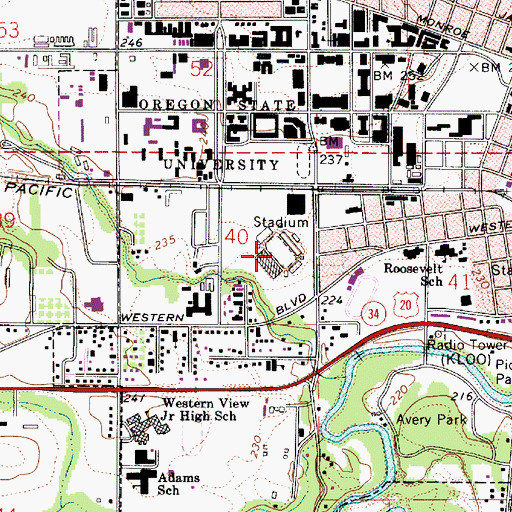 Topographic Map of Oregon State University Reser Stadium, OR