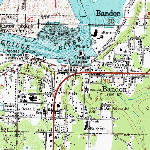Topographic Map of Bandon City Hall, OR