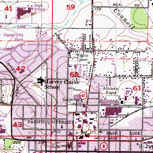 Topographic Map of Pacific University Chuck Bafaro Stadium, OR