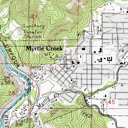 Topographic Map of Myrtle Creek Branch Library, OR