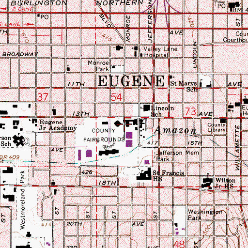 Topographic Map of Lane County Historical Museum, OR