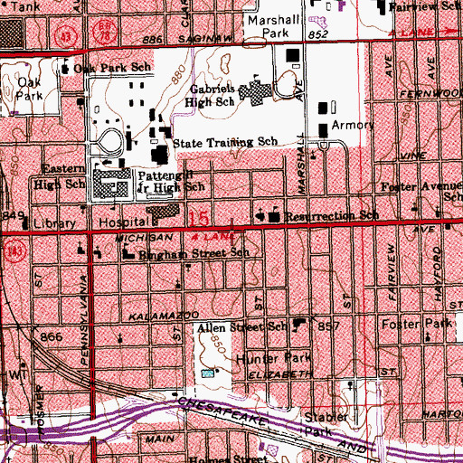 Topographic Map of Lansing Mercy Ambulance Service, MI
