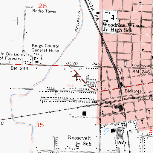 Topographic Map of American Ambulance Kings County Headquarters, CA