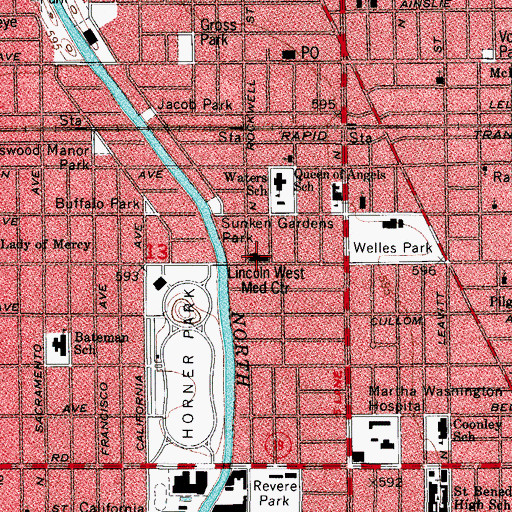 Topographic Map of Kindred Hospital Chicago North, IL