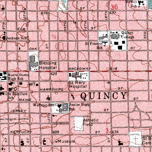 Topographic Map of Blessing Hospital at 14th Street, IL