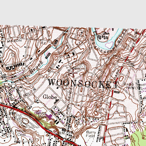 Topographic Map of Woonsocket Fire Department Station 1, RI