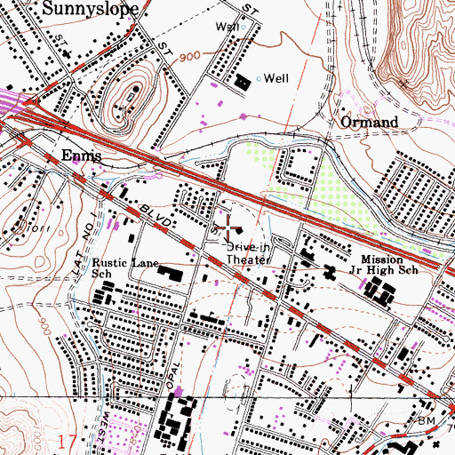 Topographic Map of Rubidoux Drive-In, CA